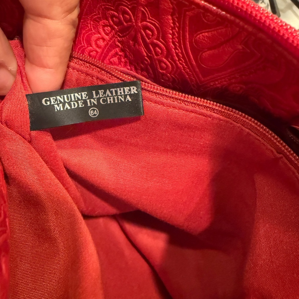 Genuine Leather Red Embossed Paisley Style Shoulder Bag with Adjustable Straps - Picture 11 of 15